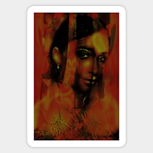 Beautiful girl, fantasy like. Dark but beautiful. Orange, red, green. Sticker